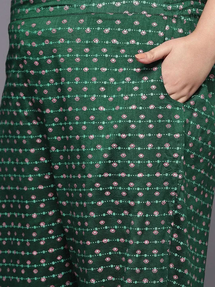 Plus Size Green Printed Silk Blend Straight Suit Set - Libas