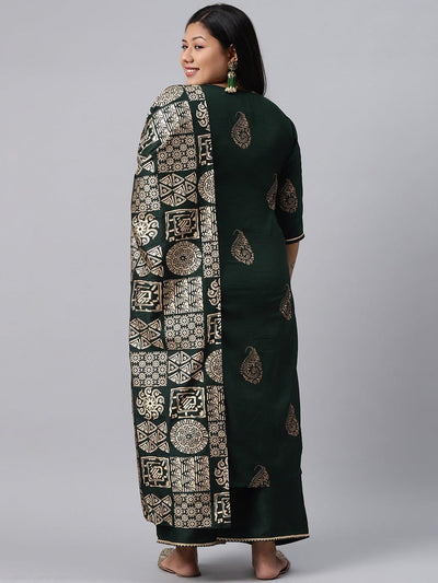 Plus Size Green Printed Silk Blend Suit Set - Libas