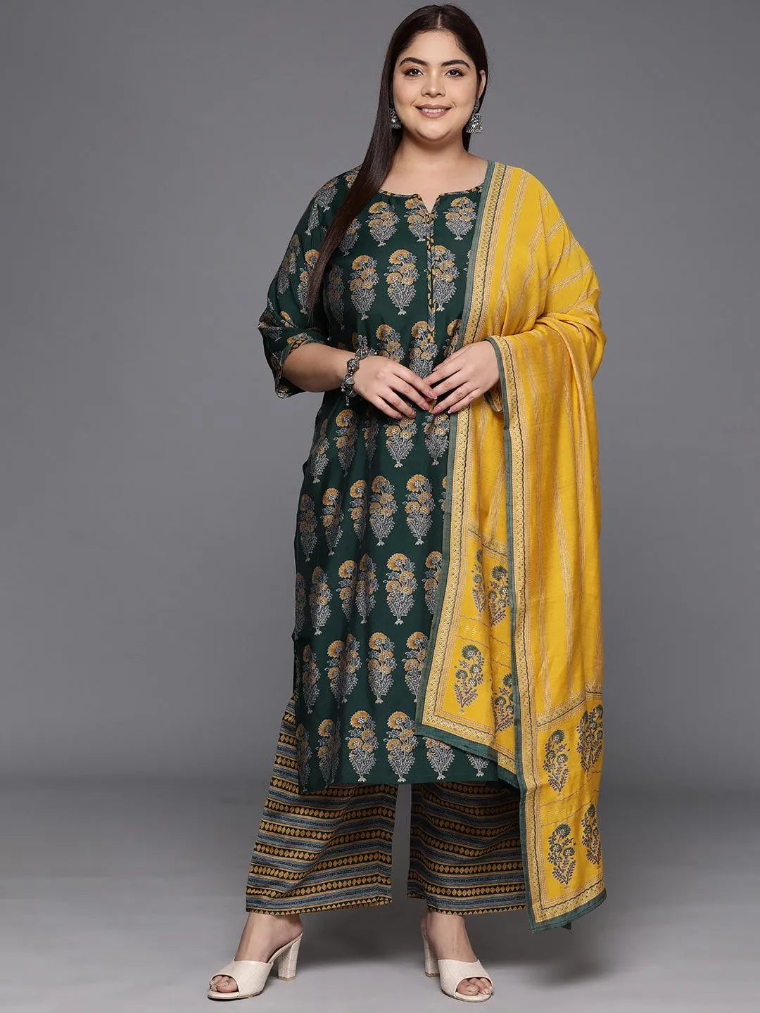 Plus Size Green Printed Silk Blend Straight Kurta With Trousers & Dupatta - Libas 