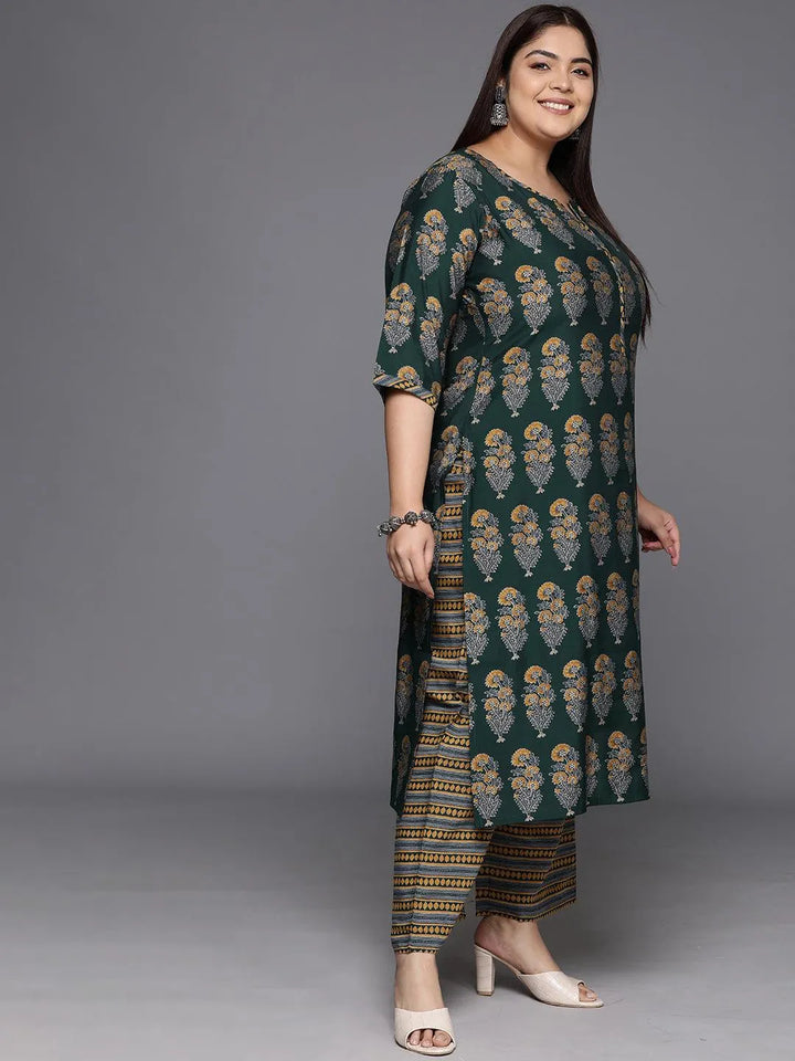 Plus Size Green Printed Silk Blend Straight Kurta With Trousers & Dupatta - Libas