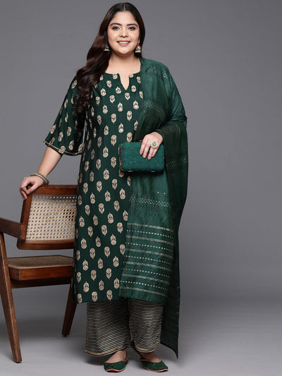 Plus Size Green Printed Silk Blend Straight Kurta With Trousers & Dupatta - Libas