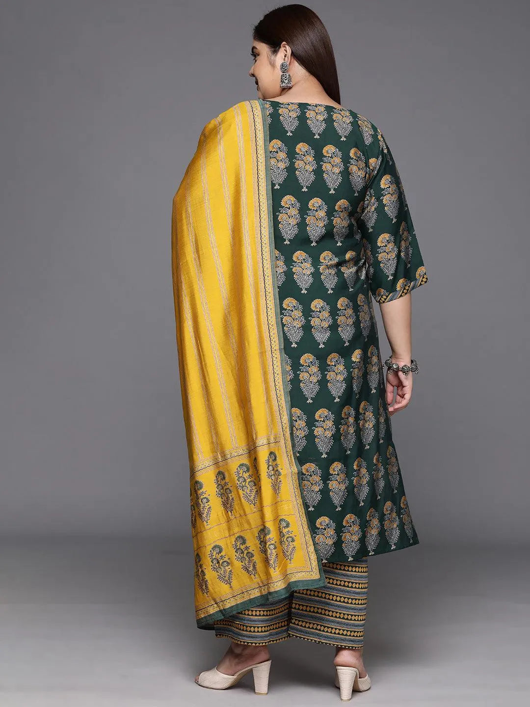 Plus Size Green Printed Silk Blend Straight Kurta With Trousers & Dupatta - Libas 