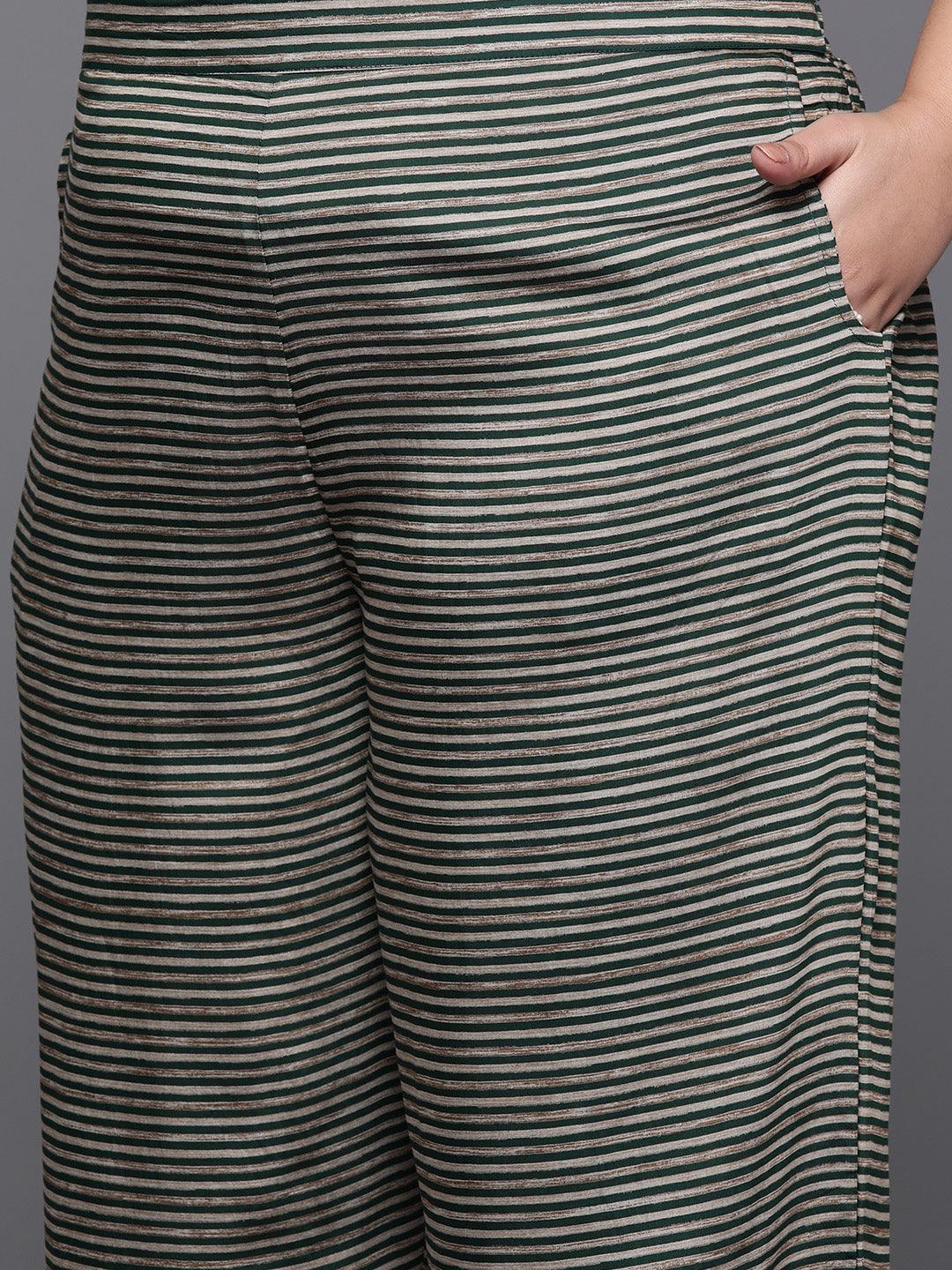 Plus Size Green Printed Silk Blend Straight Kurta With Trousers & Dupatta - Libas
