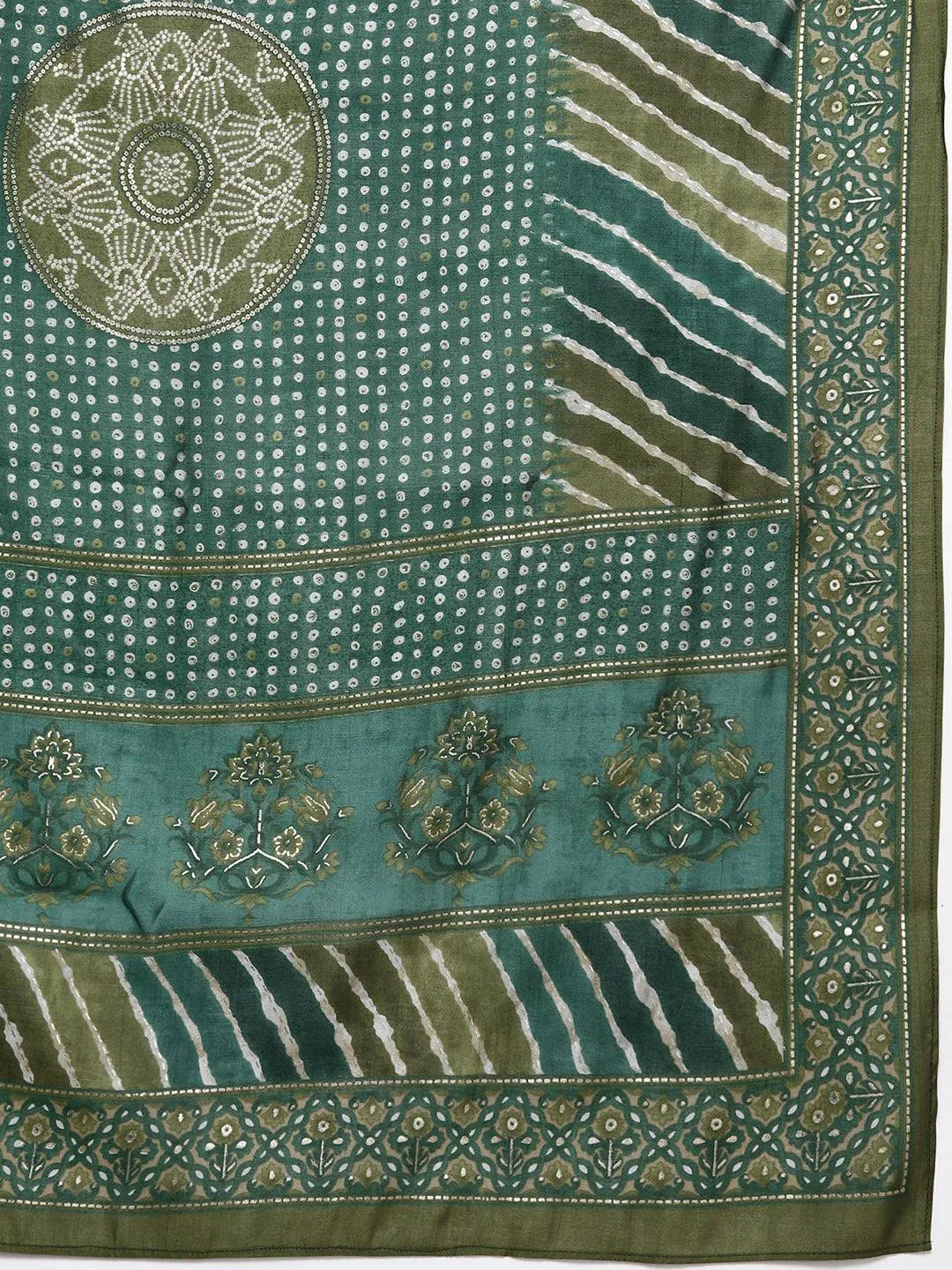 Plus Size Green Printed Silk Blend Straight Kurta With Trousers & Dupatta - Libas 