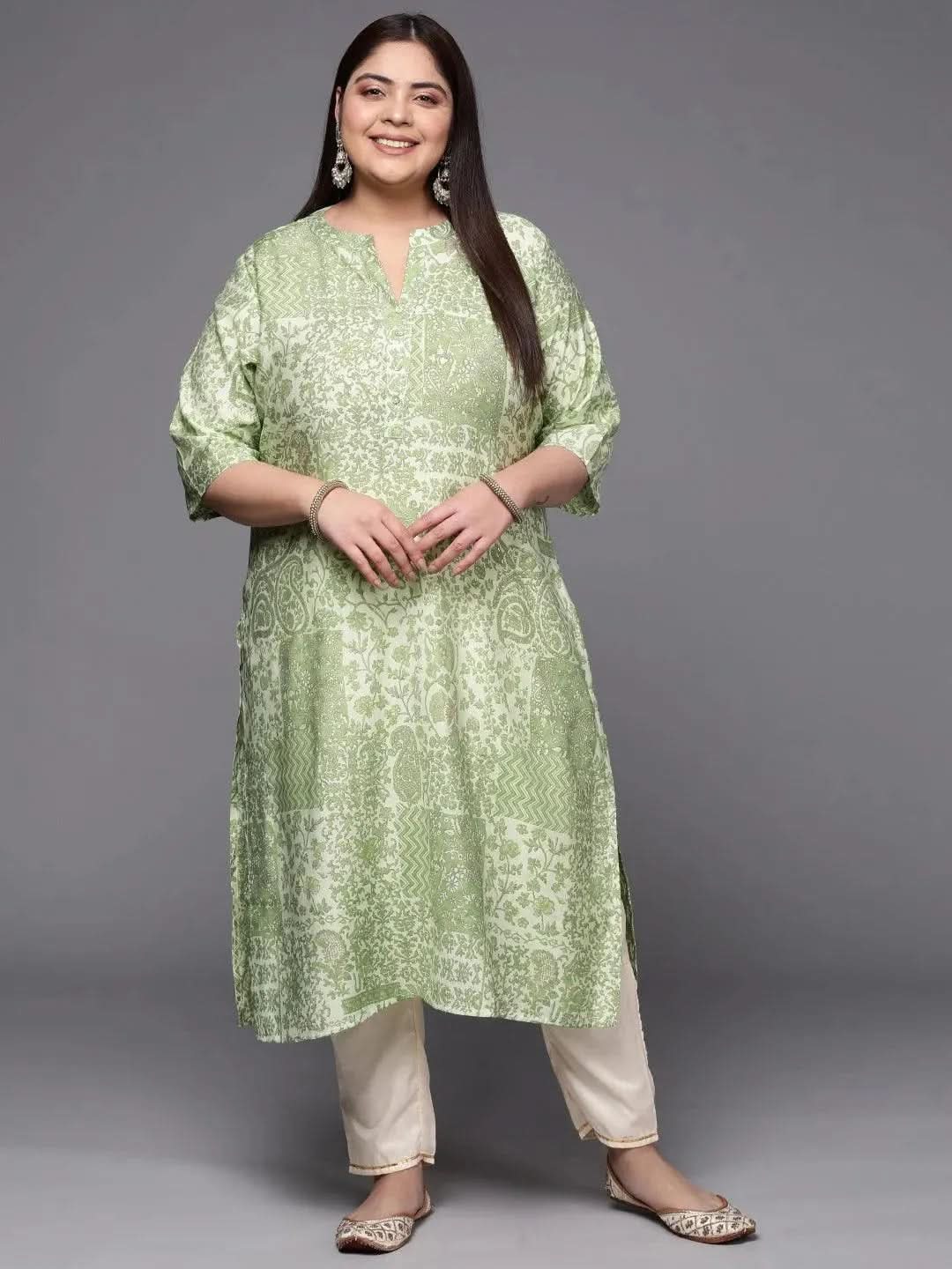 Green A-Line Embroidered Plus Size Winter Kurta
