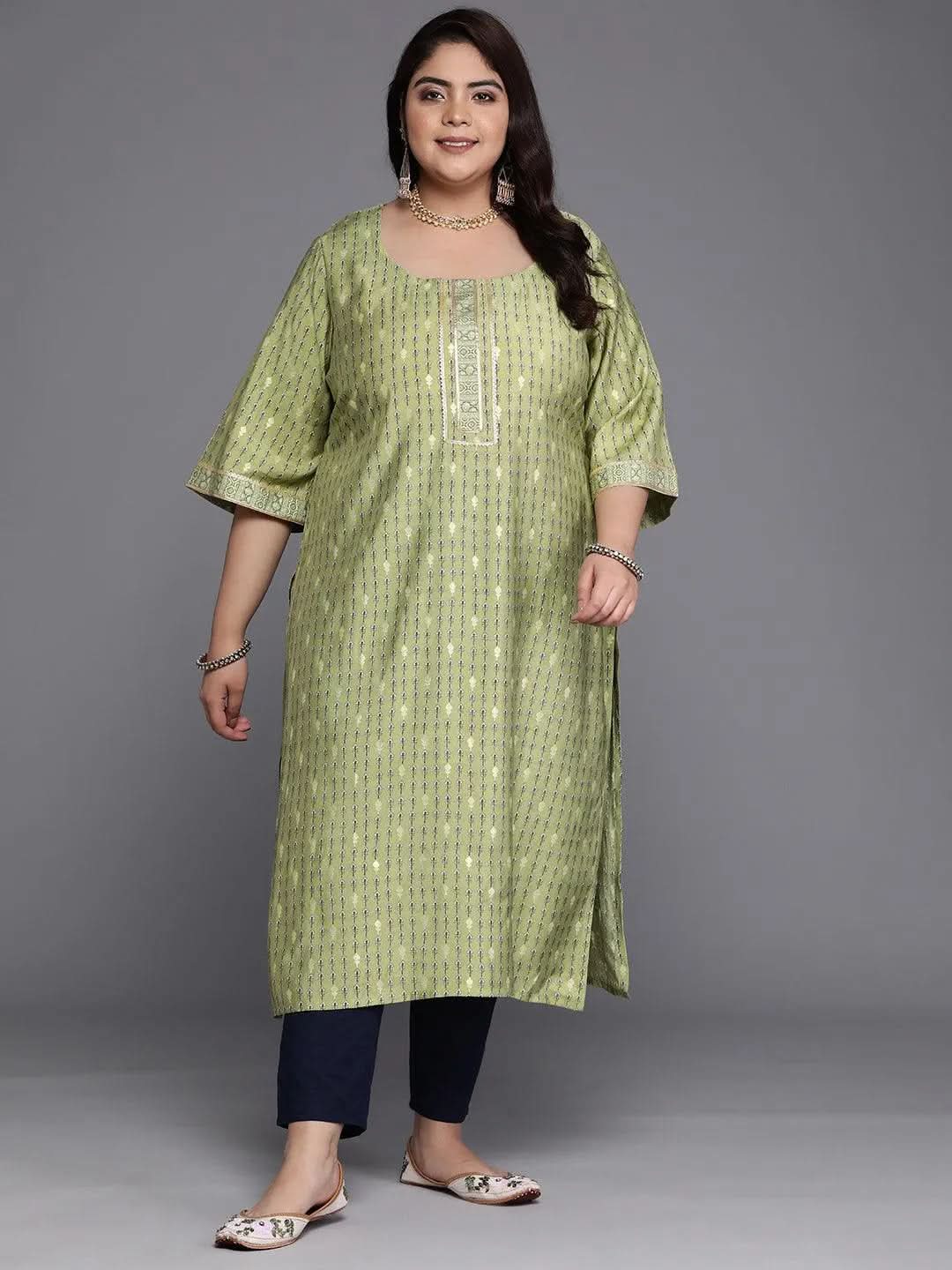 Plus Size Green Printed Silk Straight Kurta - Libas 
