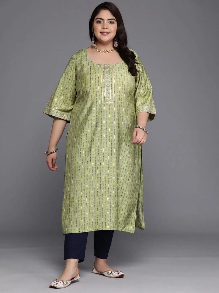 Plus Size Green Printed Silk Straight Kurta - Libas