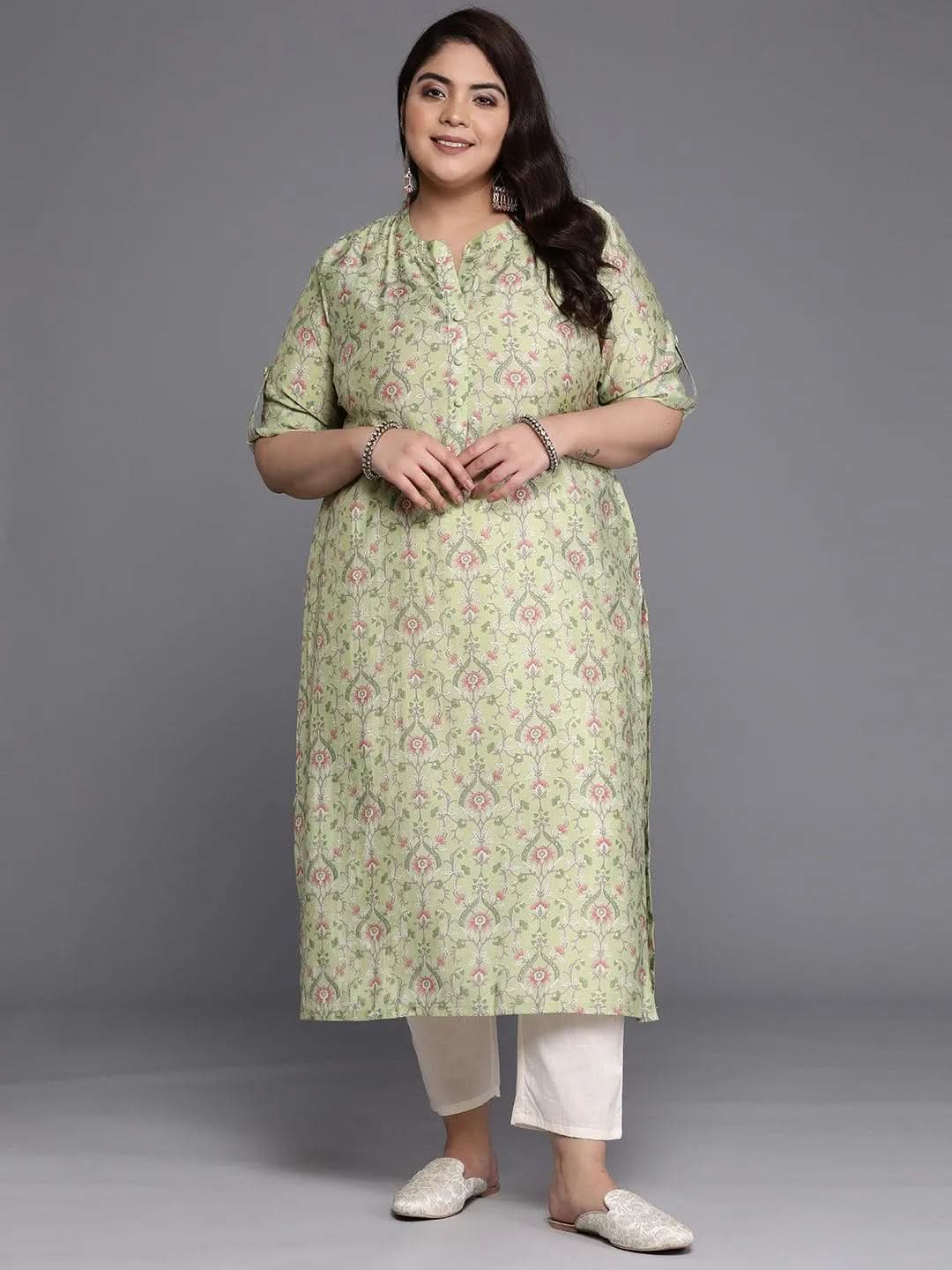 Plus Size Green Printed Silk Straight Kurta - Libas 