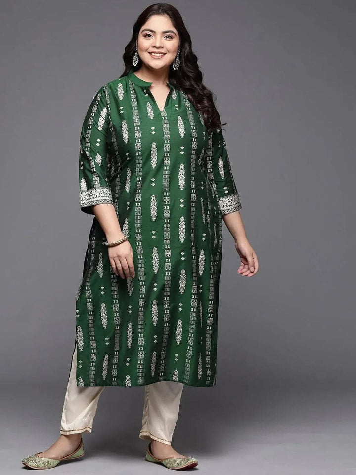 Plus Size Green Printed Silk Straight Kurta - Libas