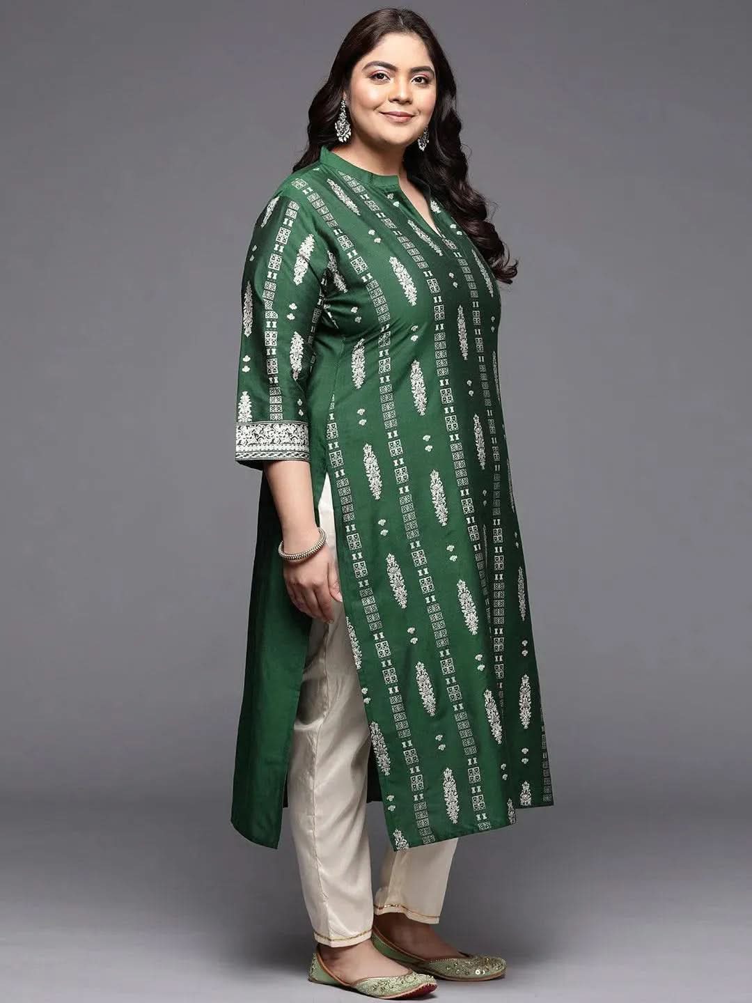 Plus Size Green Printed Silk Straight Kurta - Libas 