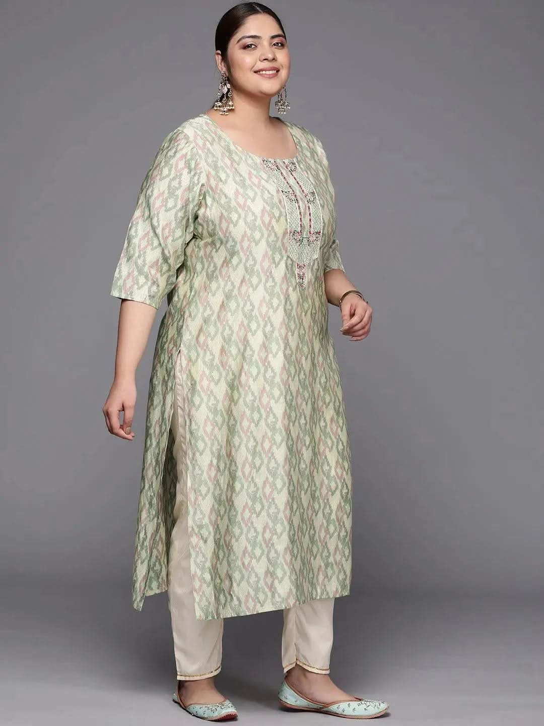 Plus Size Green Printed Silk Straight Kurta - Libas 