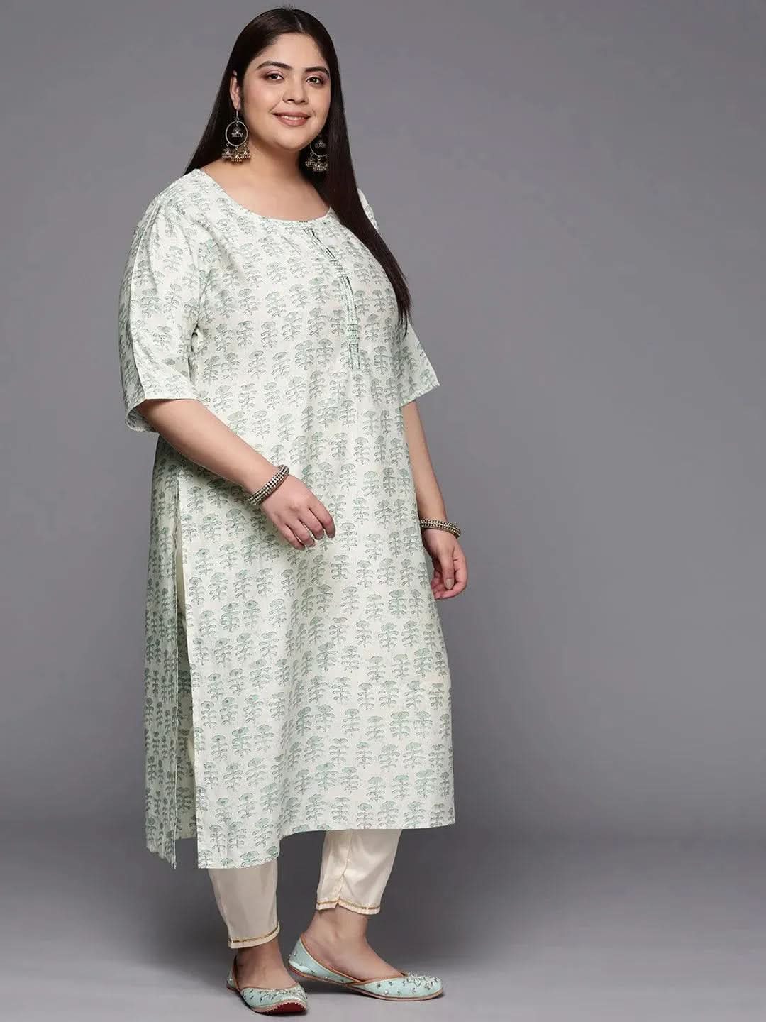 Plus Size Green Printed Silk Straight Kurta - Libas 