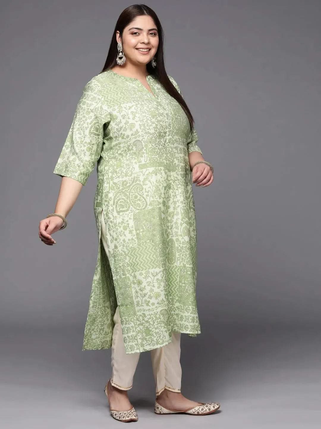 Plus Size Green Printed Silk Straight Kurta - Libas 