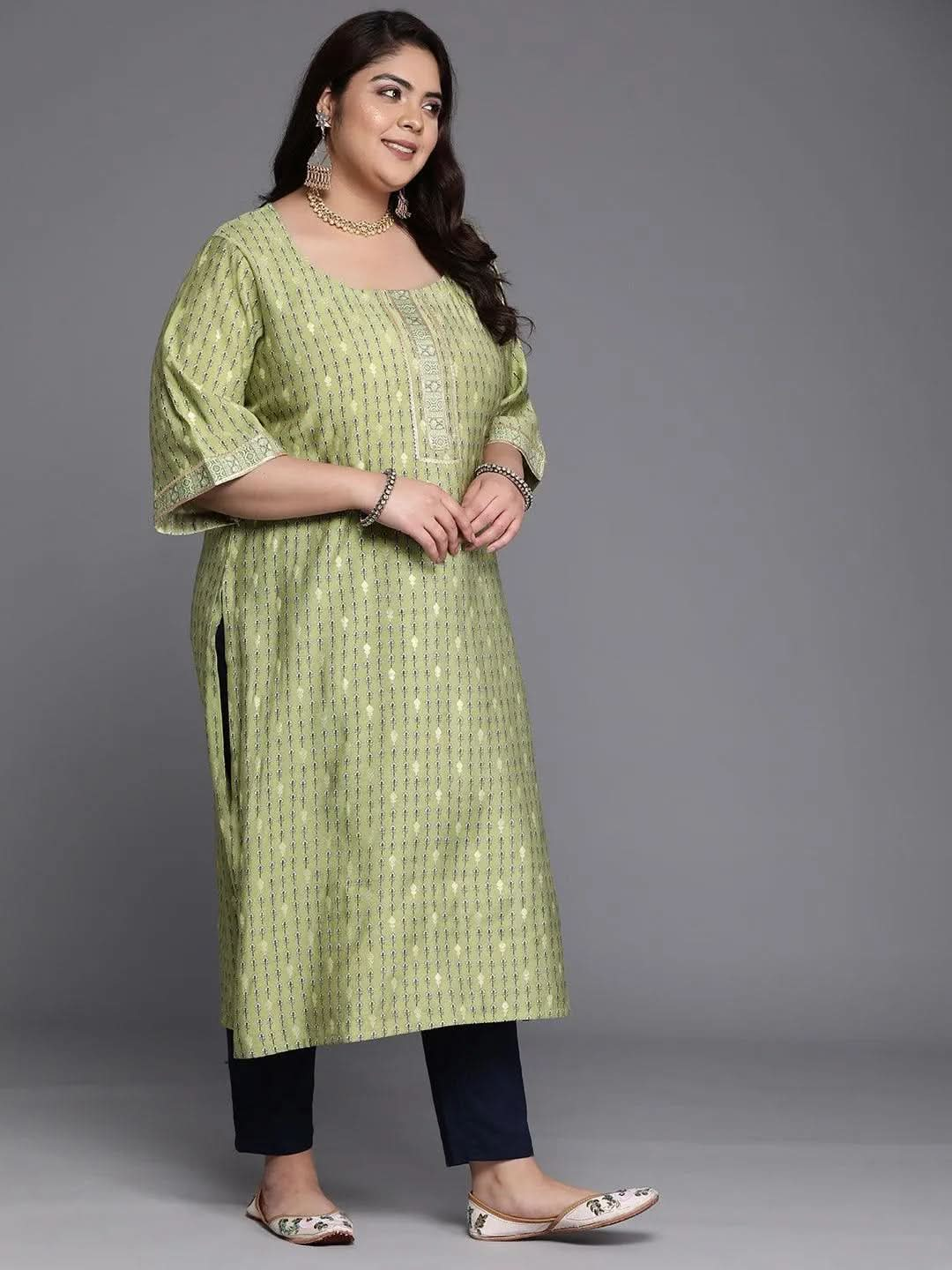 Plus Size Green Printed Silk Straight Kurta - Libas