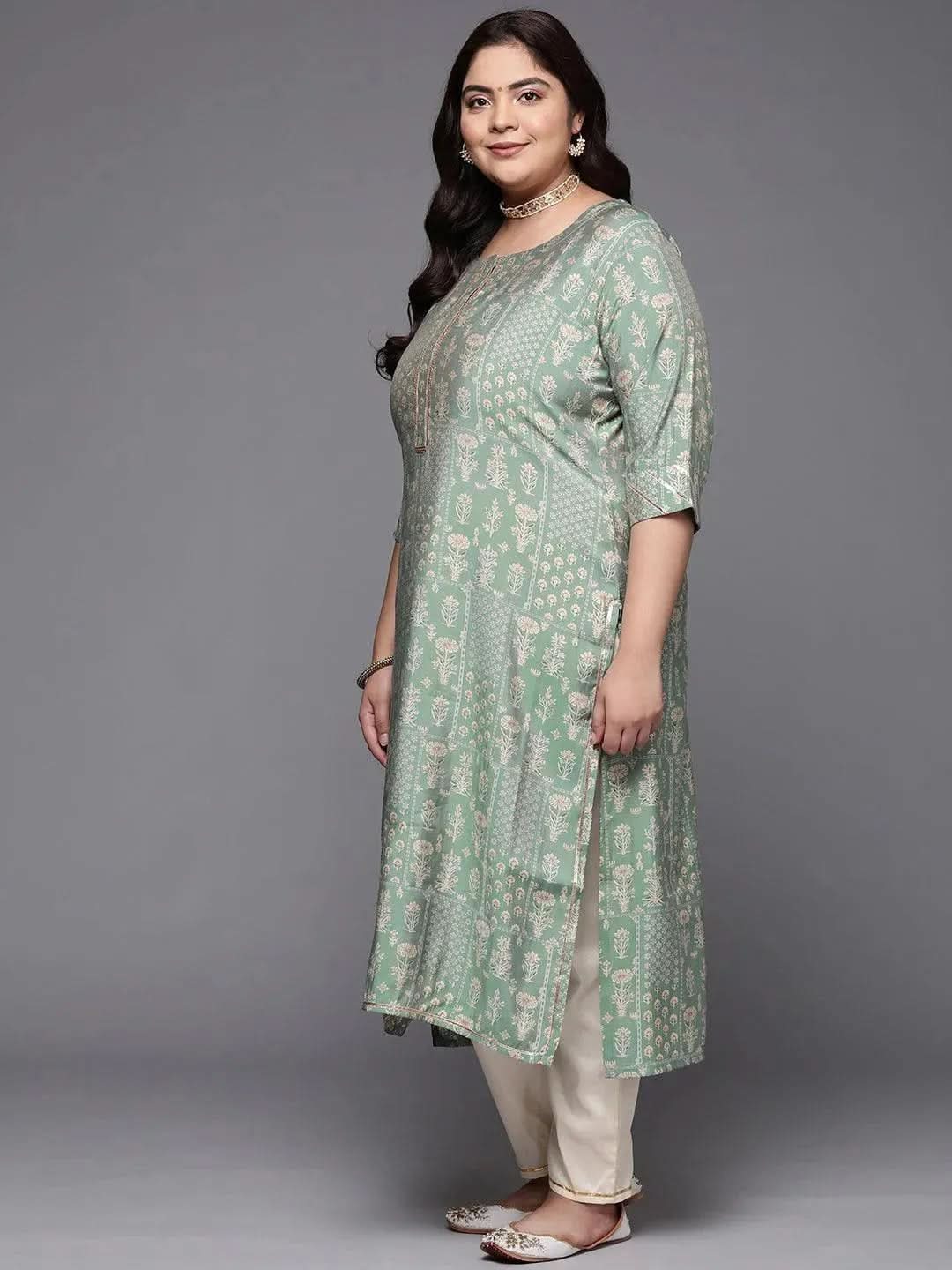 Plus Size Green Printed Silk Straight Kurta - Libas 