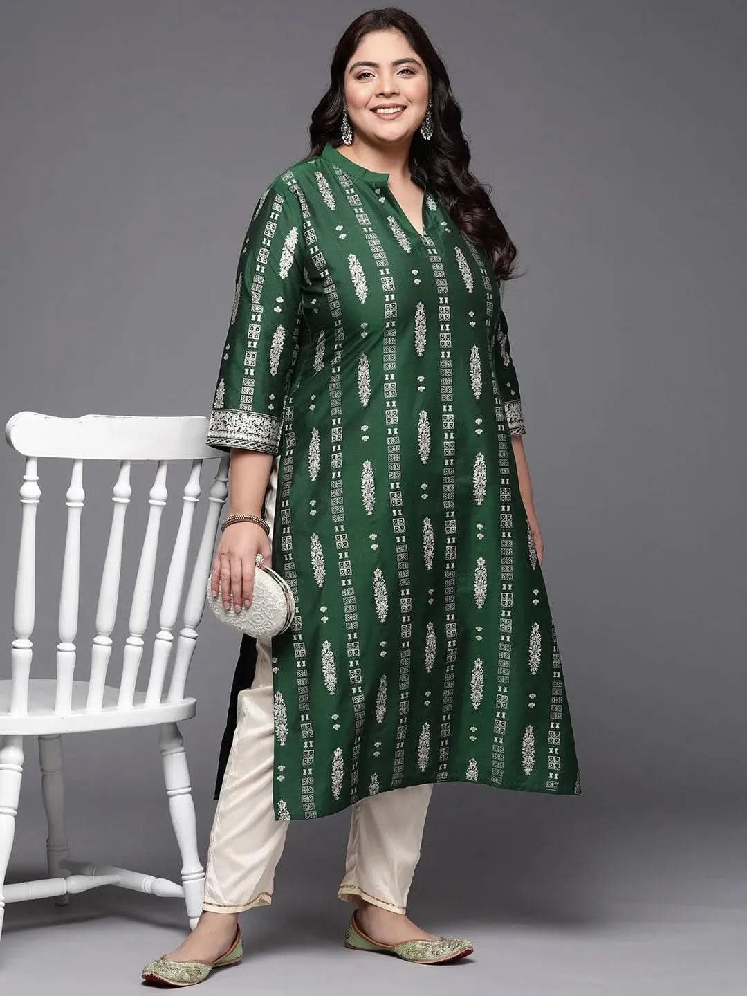 Plus Size Green Printed Silk Straight Kurta - Libas 