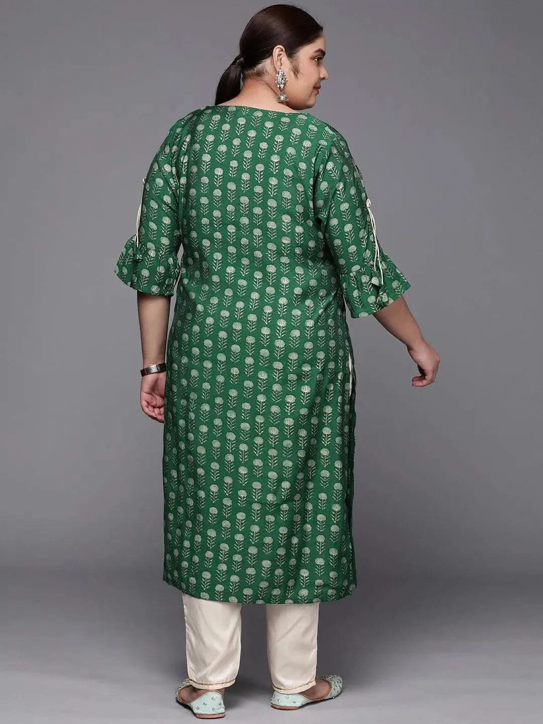 Plus Size Green Printed Silk Straight Kurta - Libas 