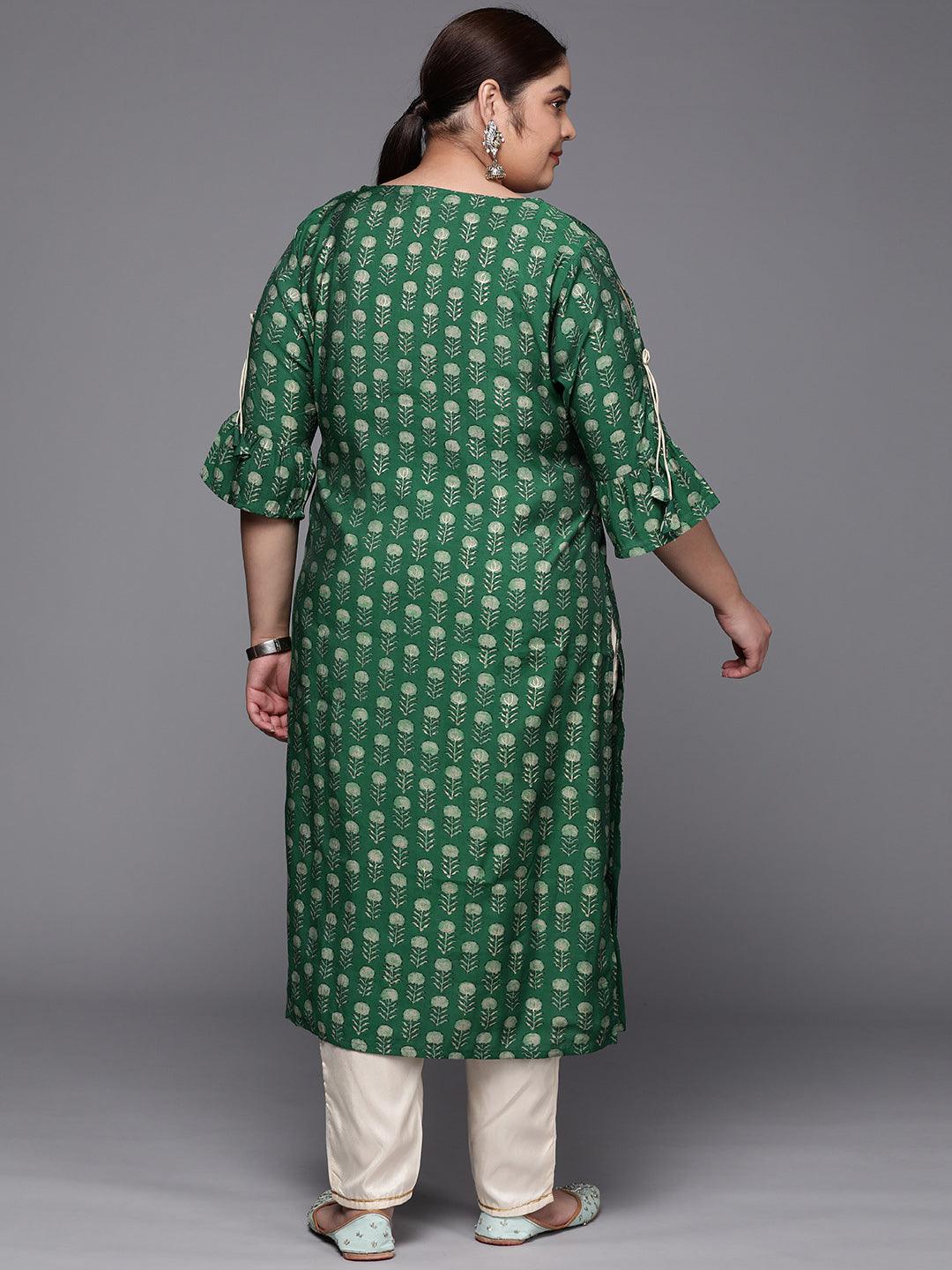 Plus Size Green Printed Silk Straight Kurta - Libas