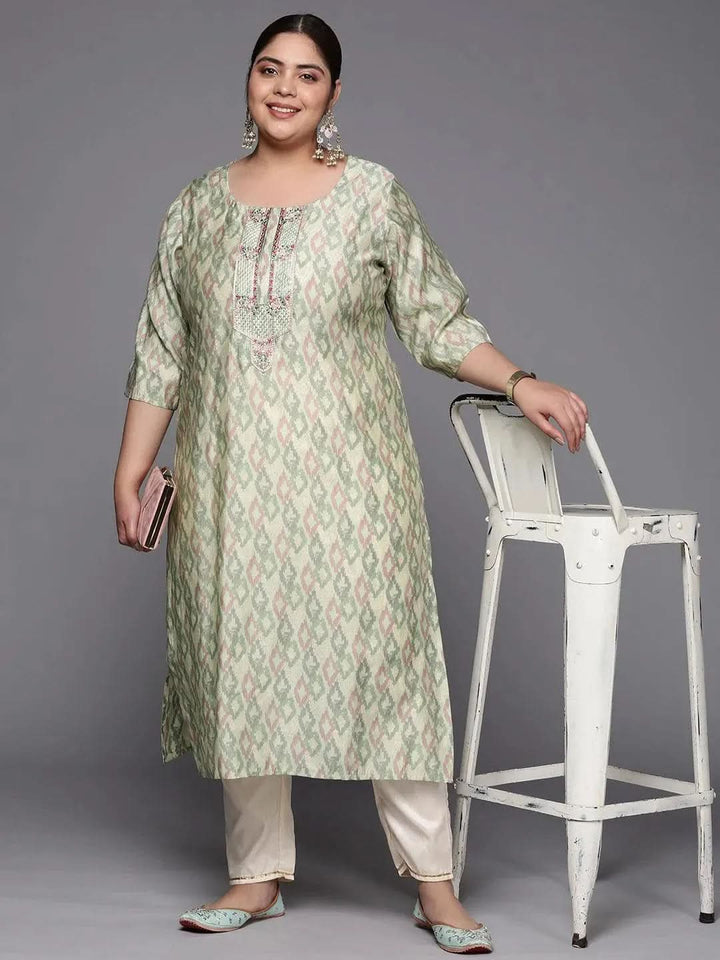 Plus Size Green Printed Silk Straight Kurta - Libas