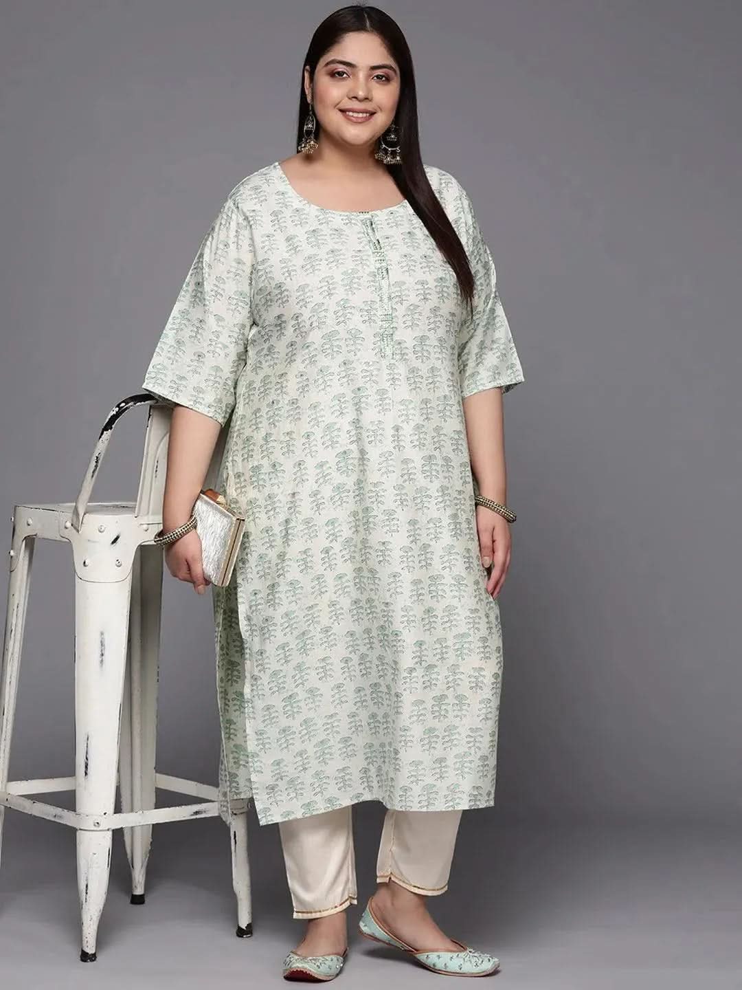 Plus Size Green Printed Silk Straight Kurta - Libas 