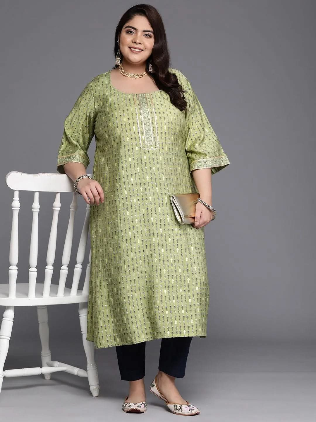 Plus Size Green Printed Silk Straight Kurta - Libas