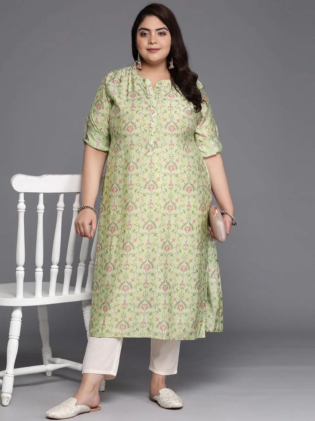 Plus Size Green Printed Silk Straight Kurta - Libas 