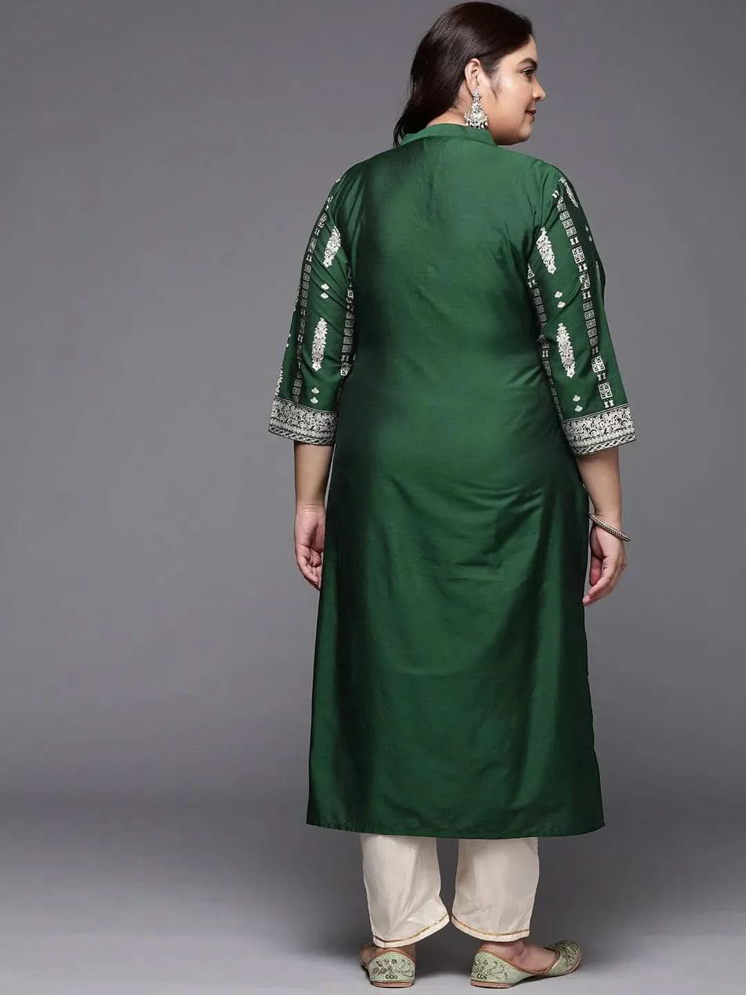 Plus Size Green Printed Silk Straight Kurta - Libas