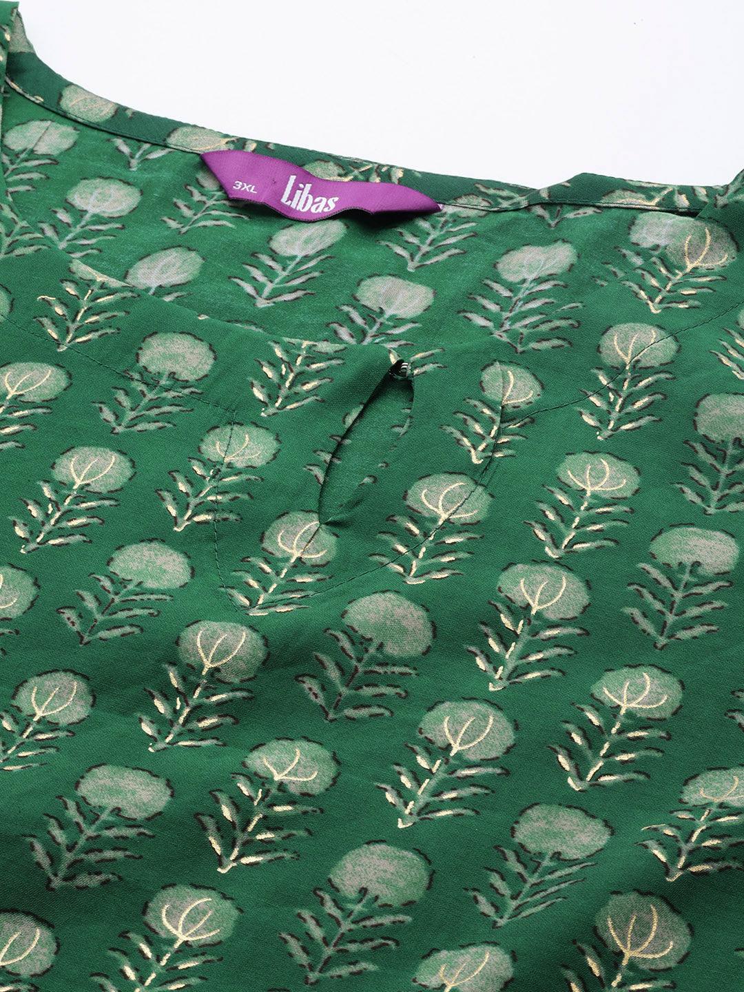 Plus Size Green Printed Silk Straight Kurta