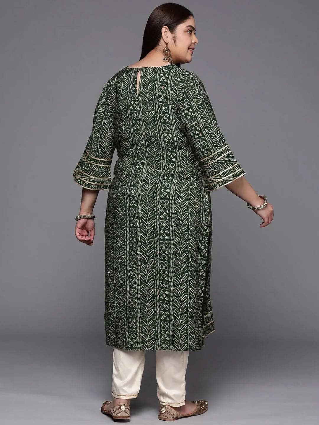 Plus Size Green Printed Silk Straight Kurta - Libas