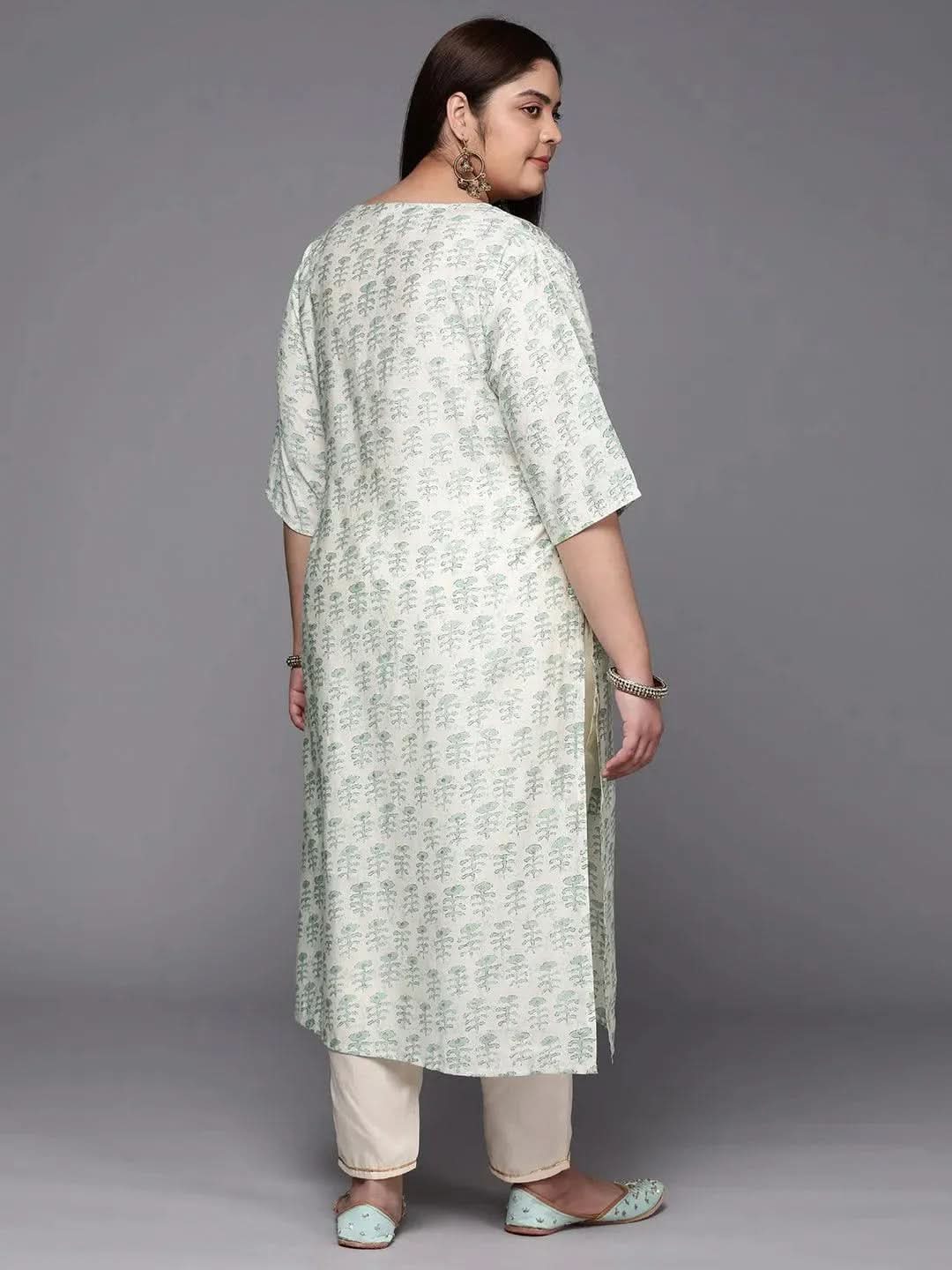 Plus Size Green Printed Silk Straight Kurta - Libas 