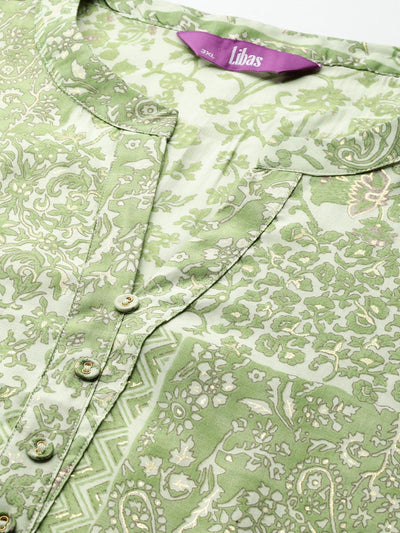 Plus Size Green Printed Silk Straight Kurta - Libas