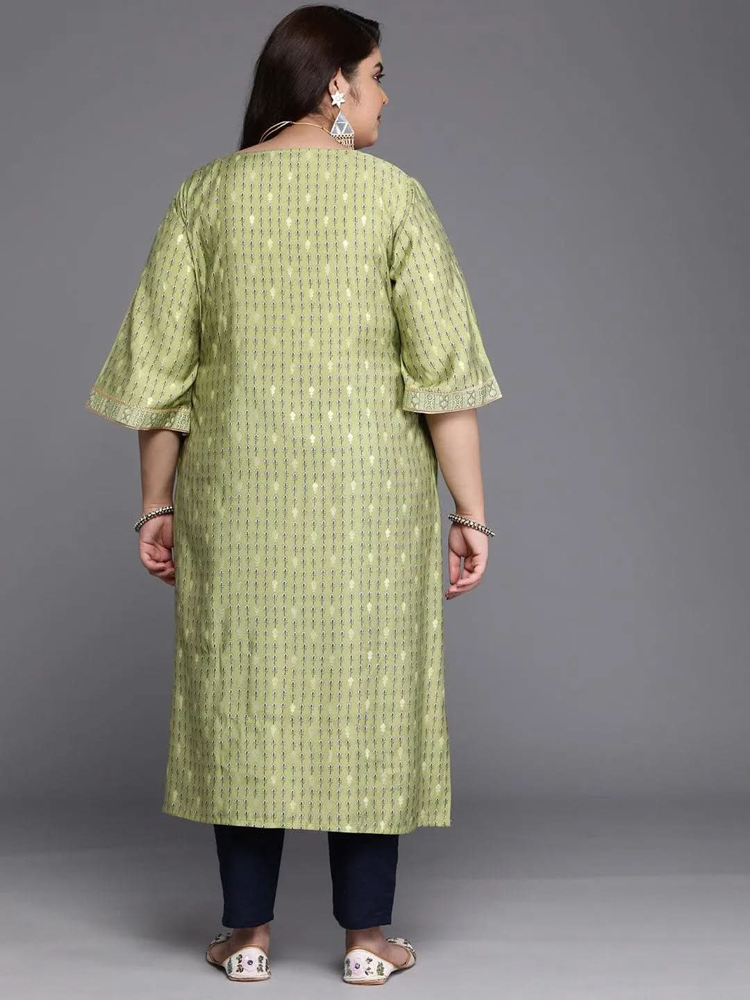 Plus Size Green Printed Silk Straight Kurta - Libas