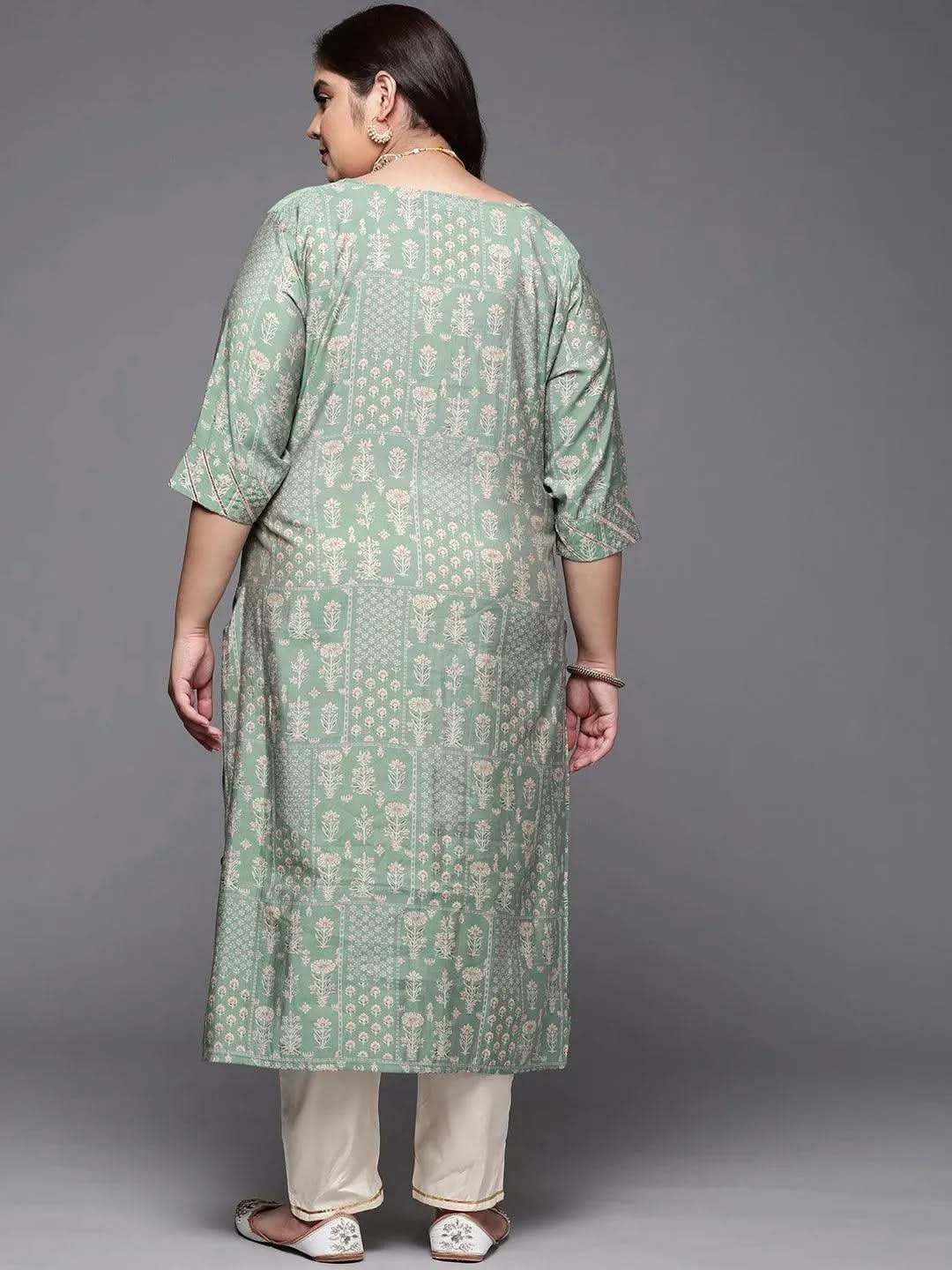 Plus Size Green Printed Silk Straight Kurta - Libas 