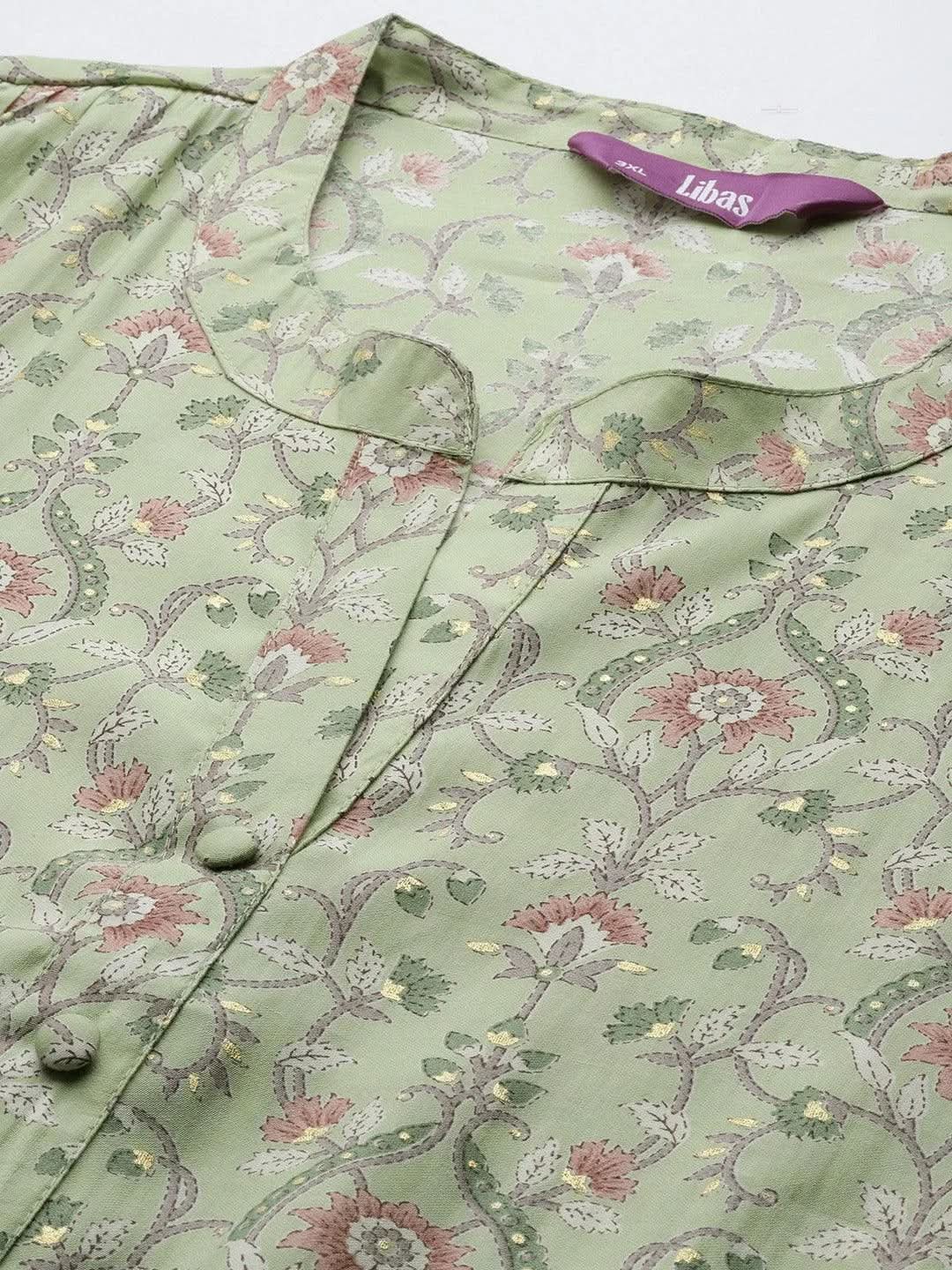Plus Size Green Printed Silk Straight Kurta - Libas 