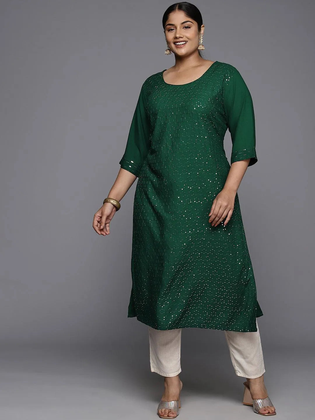 Plus Size Green Rayon Embroidered Straight Kurta - Libas 
