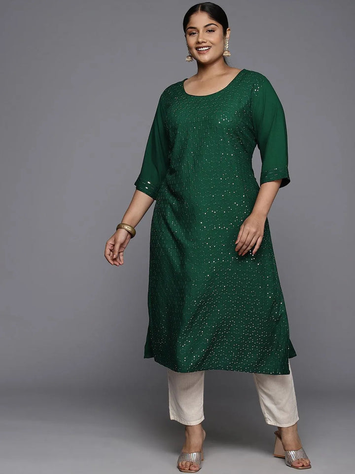 Plus Size Green Rayon Embroidered Straight Kurta - Libas