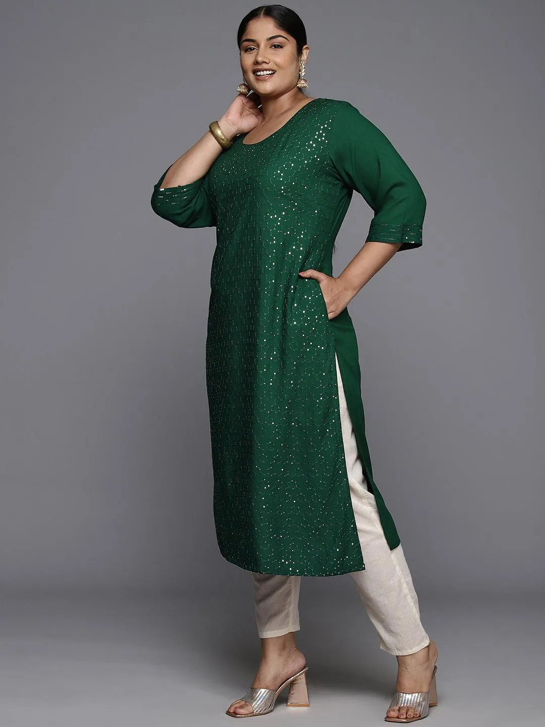 Plus Size Green Rayon Embroidered Straight Kurta - Libas 