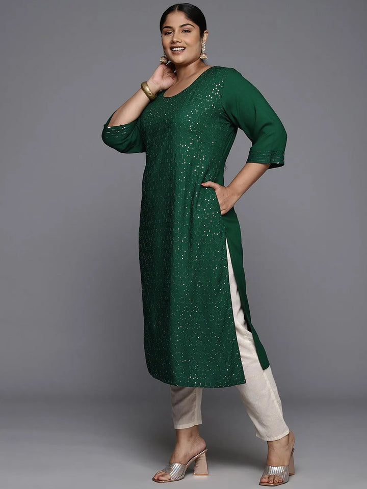 Plus Size Green Rayon Embroidered Straight Kurta - Libas