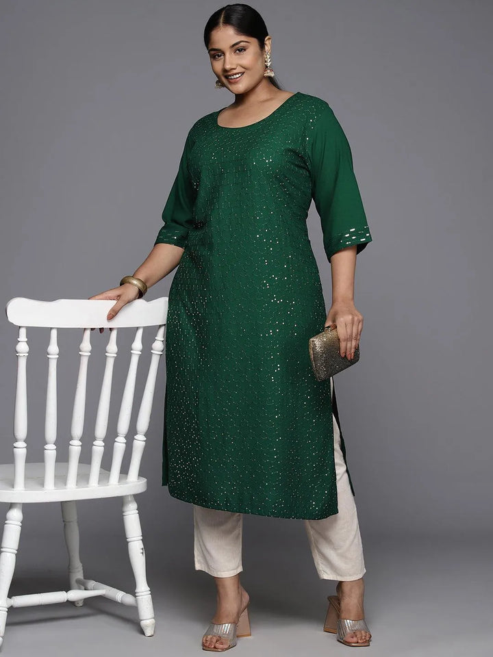 Plus Size Green Rayon Embroidered Straight Kurta - Libas
