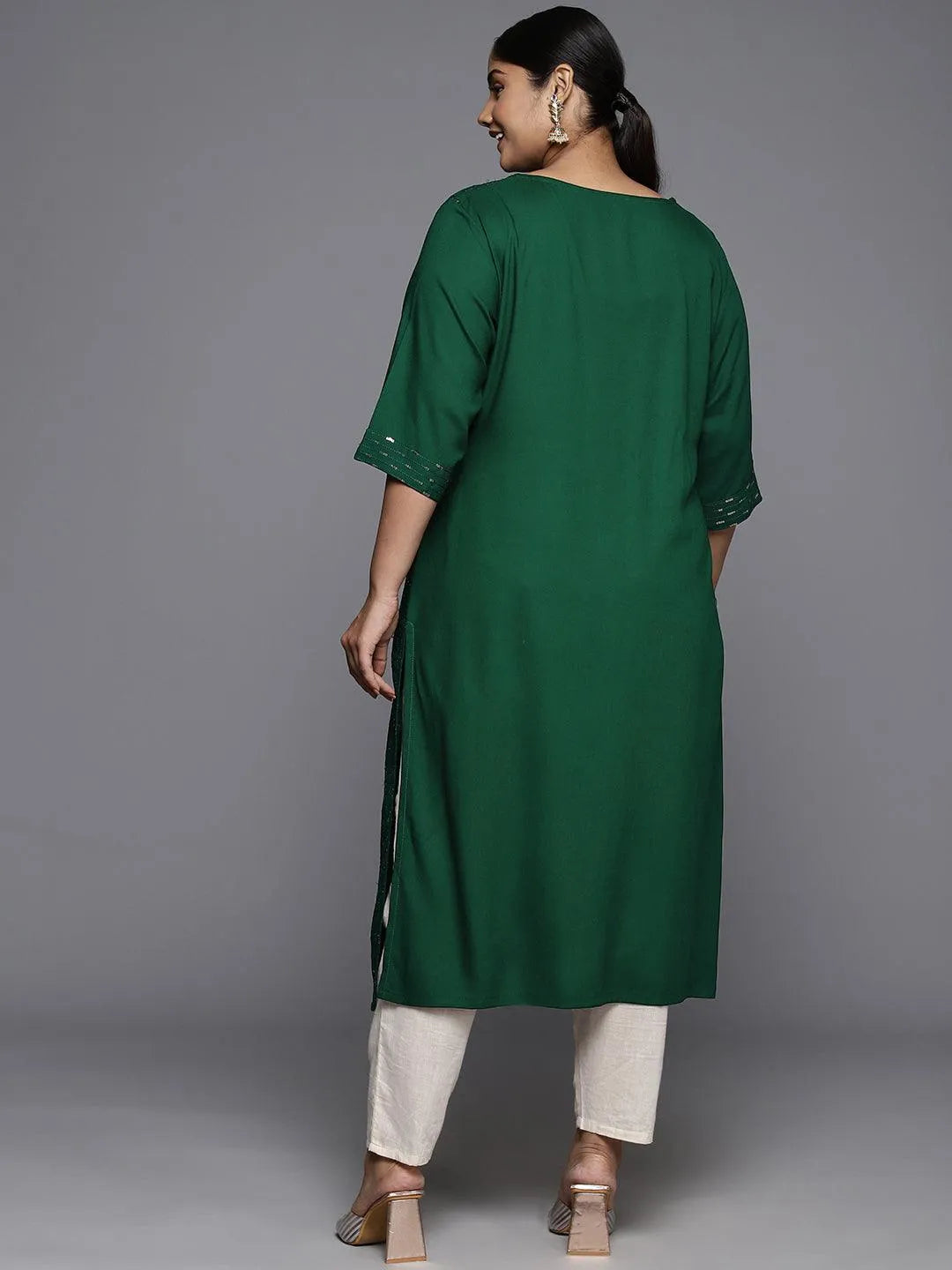 Plus Size Green Rayon Embroidered Straight Kurta - Libas 