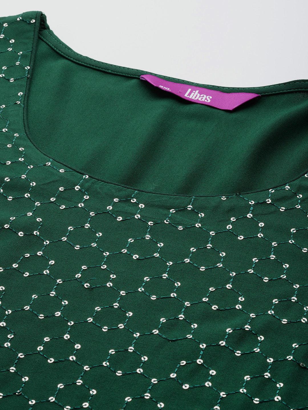 Plus Size Green Rayon Embroidered Straight Kurta - Libas