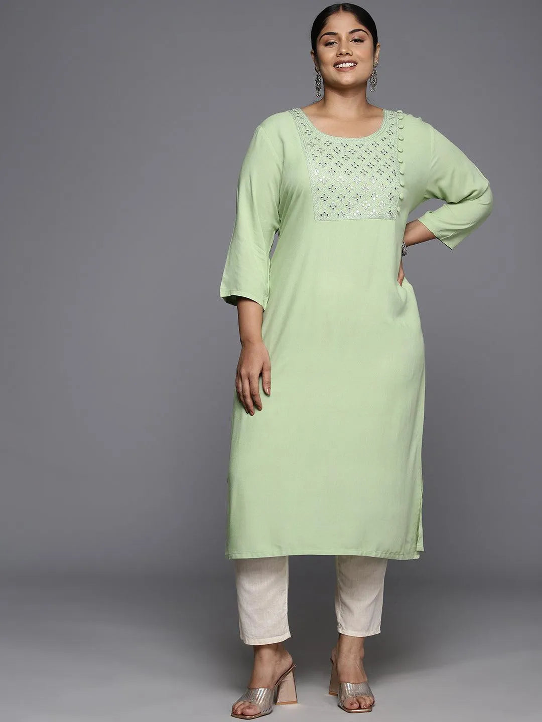 Plus Size Green Rayon Yoke Design Straight Kurta - Libas 