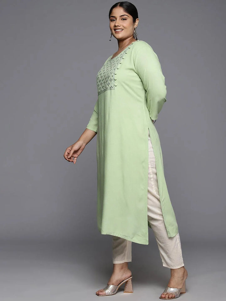 Plus Size Green Rayon Yoke Design Straight Kurta - Libas