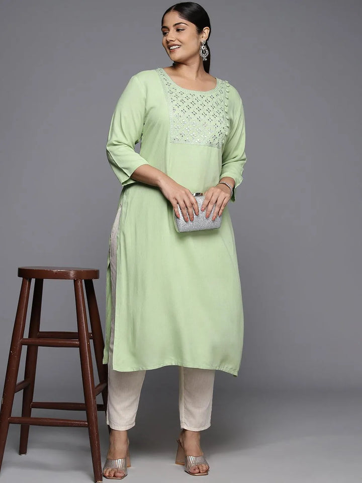 Plus Size Green Rayon Yoke Design Straight Kurta - Libas