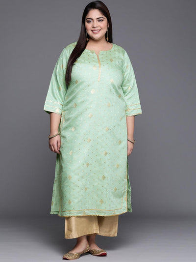 Plus Size Green Self Design Chanderi Silk Straight Kurta - Libas