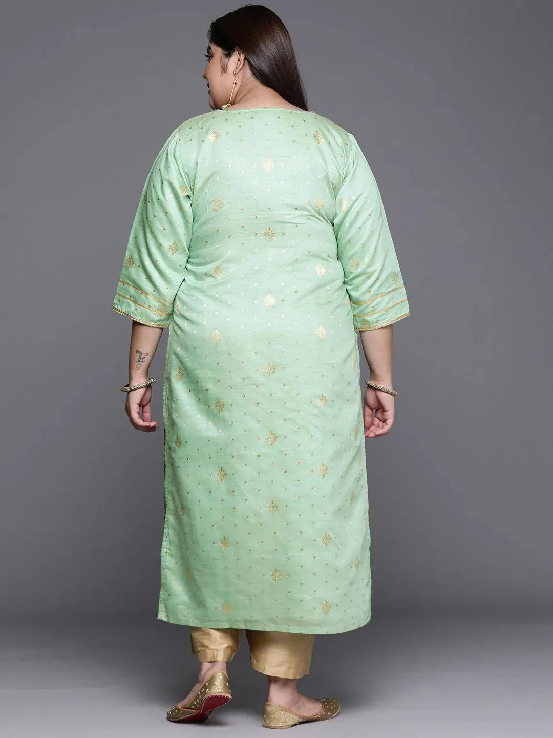 Plus Size Green Self Design Chanderi Silk Straight Kurta - Libas 