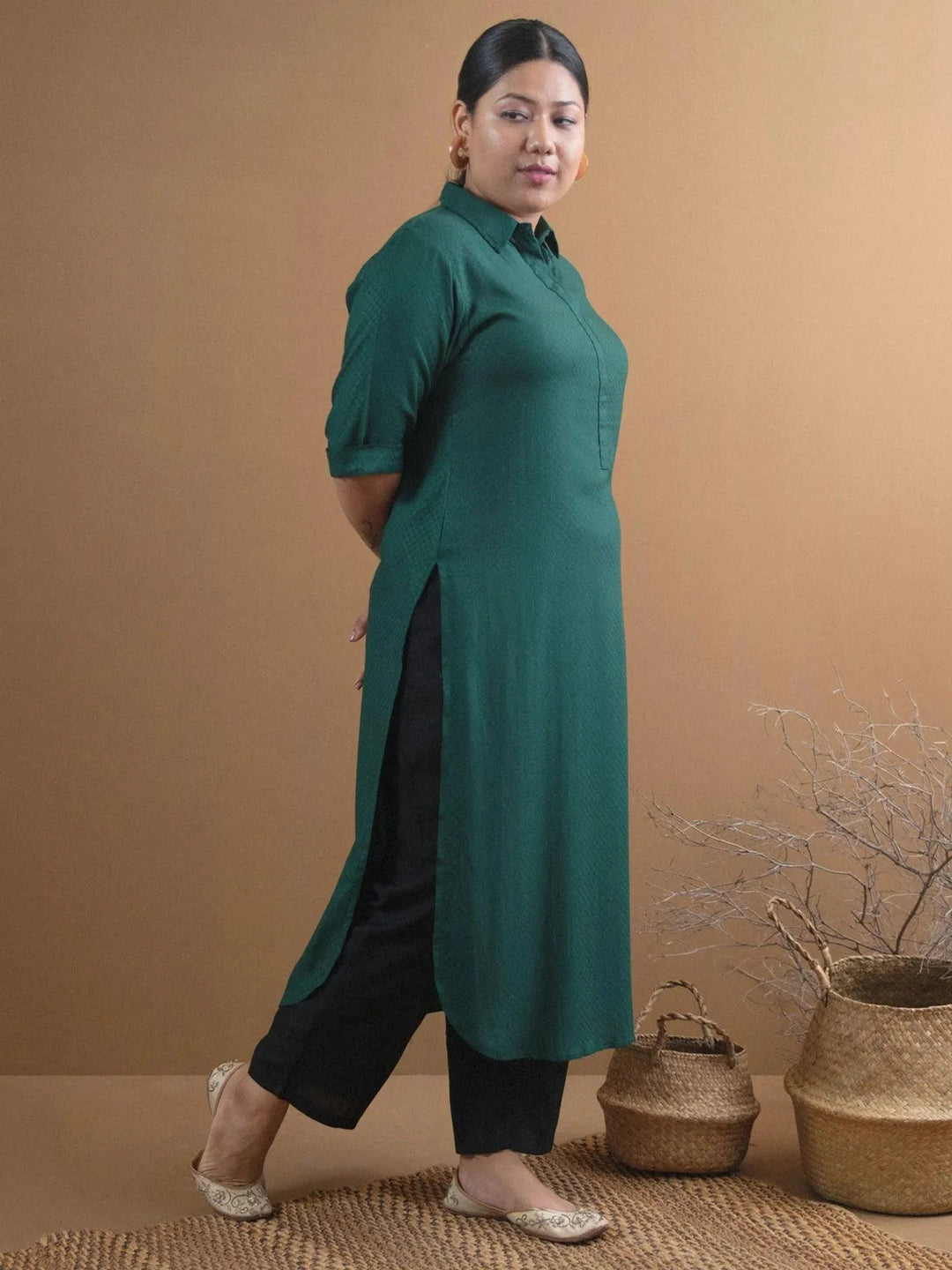 Plus Size Green Self Design Rayon Kurta - Libas 