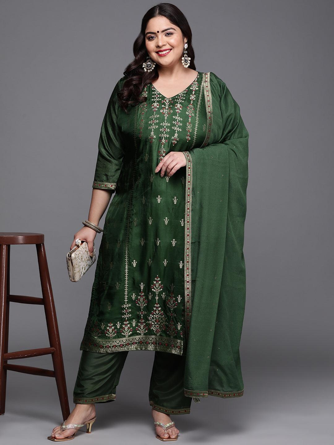 Plus Size Green Self Design Silk Blend Straight Kurta With Dupatta