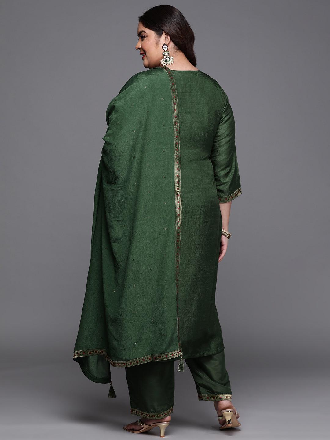 Plus Size Green Self Design Silk Blend Straight Kurta With Dupatta