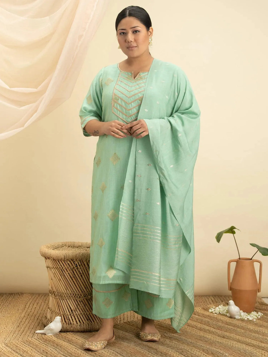 Plus Size Green Self-Design Silk Suit Set - Libas